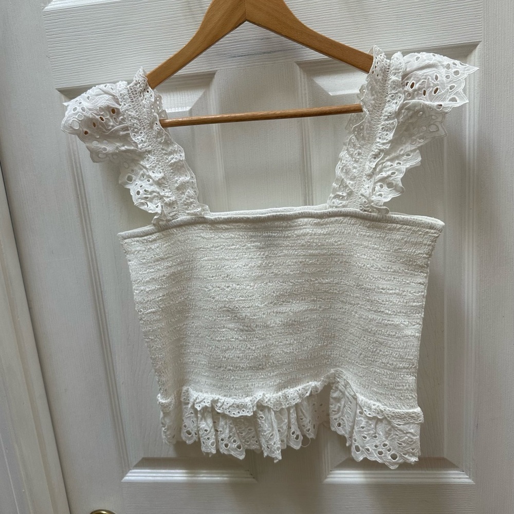 ME+EM White Cotton Delicate Broderie Shirred Top smocked flare 10 tank cropped - Picture 2 of 9